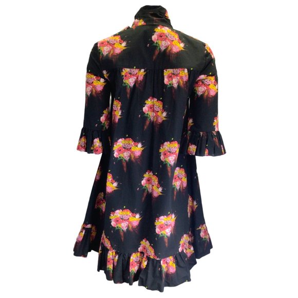JONATHAN COHEN BLACK MULTI FLORAL PRINTED TIE-NECK COTTON DRESS - Picture 3 of 4
